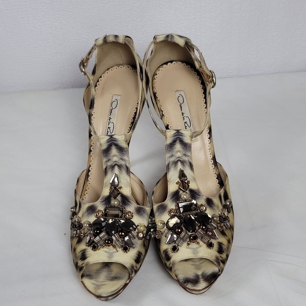 Oscar De La Renta Crystal Embellished Animal Print Platform Sandals 40 - Picture 7 of 14